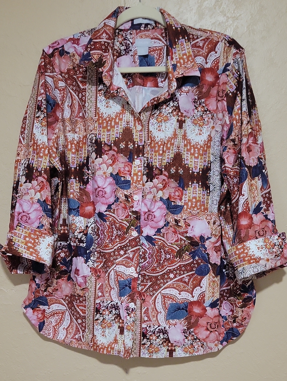 Chico's Pink, Rust & Navy Floral-Paisley Blouse